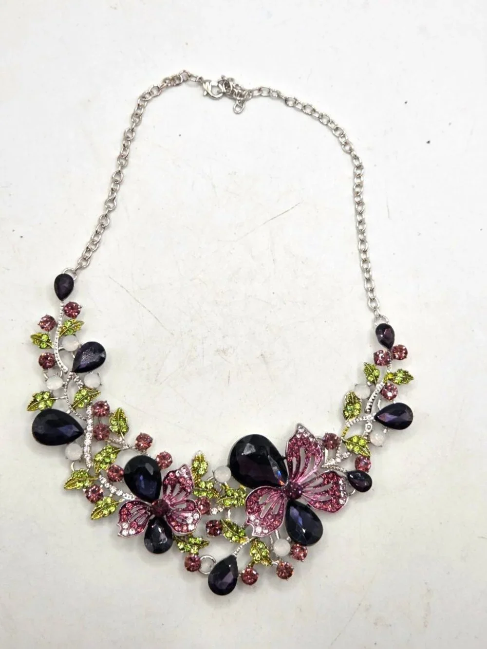 Floral Butterfly Necklace With Rhinestones Purple Green & Pink Accents